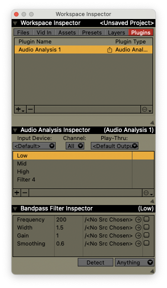 Audio Analysis setup inspector.