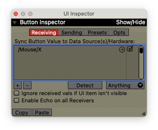 The Button Inspector, displaying an (empty) list of receivers.