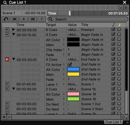 A Cue List plugin with several cues in SMPTE display.