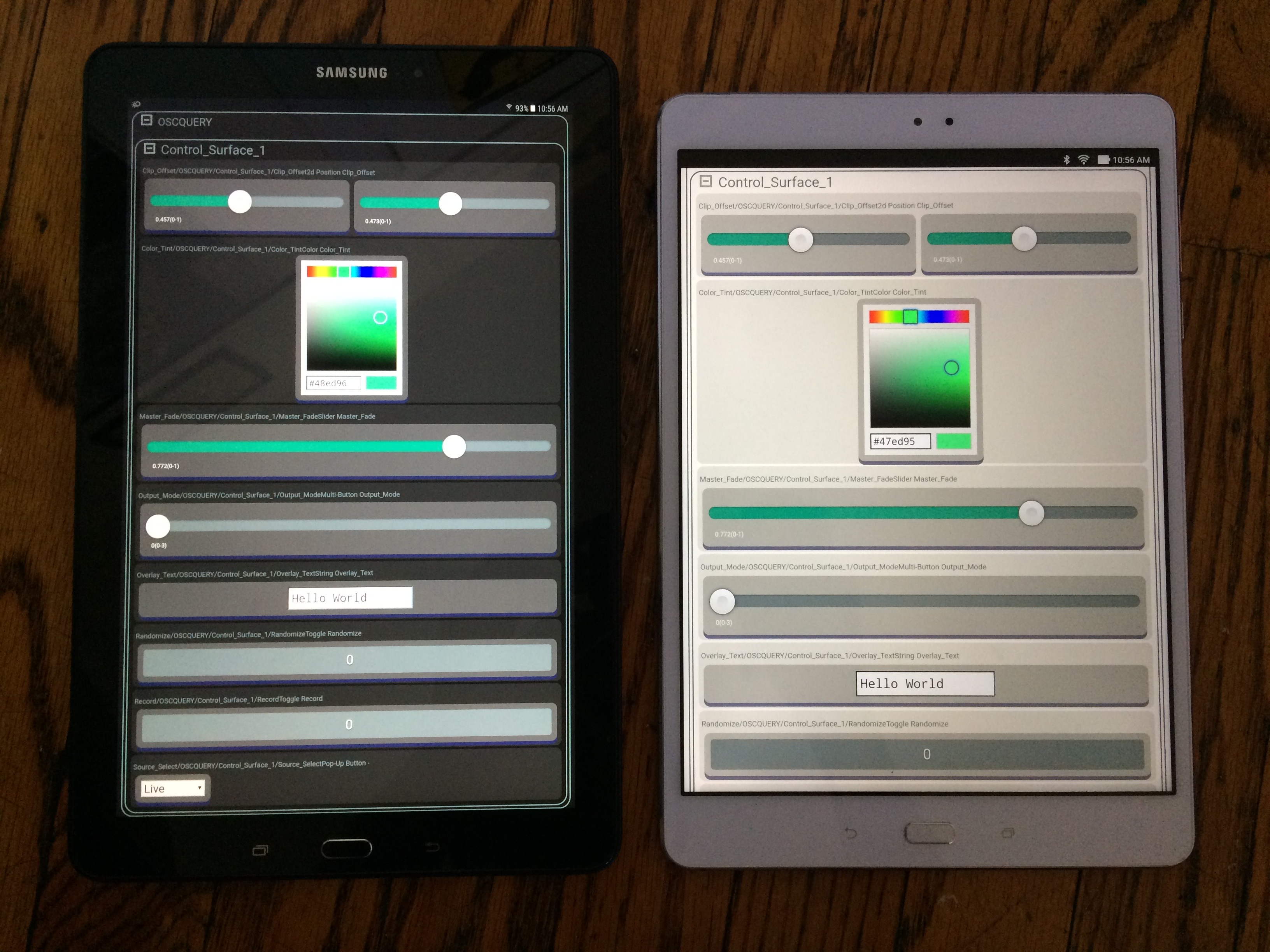 The web control as viewed on Samsung and Asus Android tablets in dark and light modes."