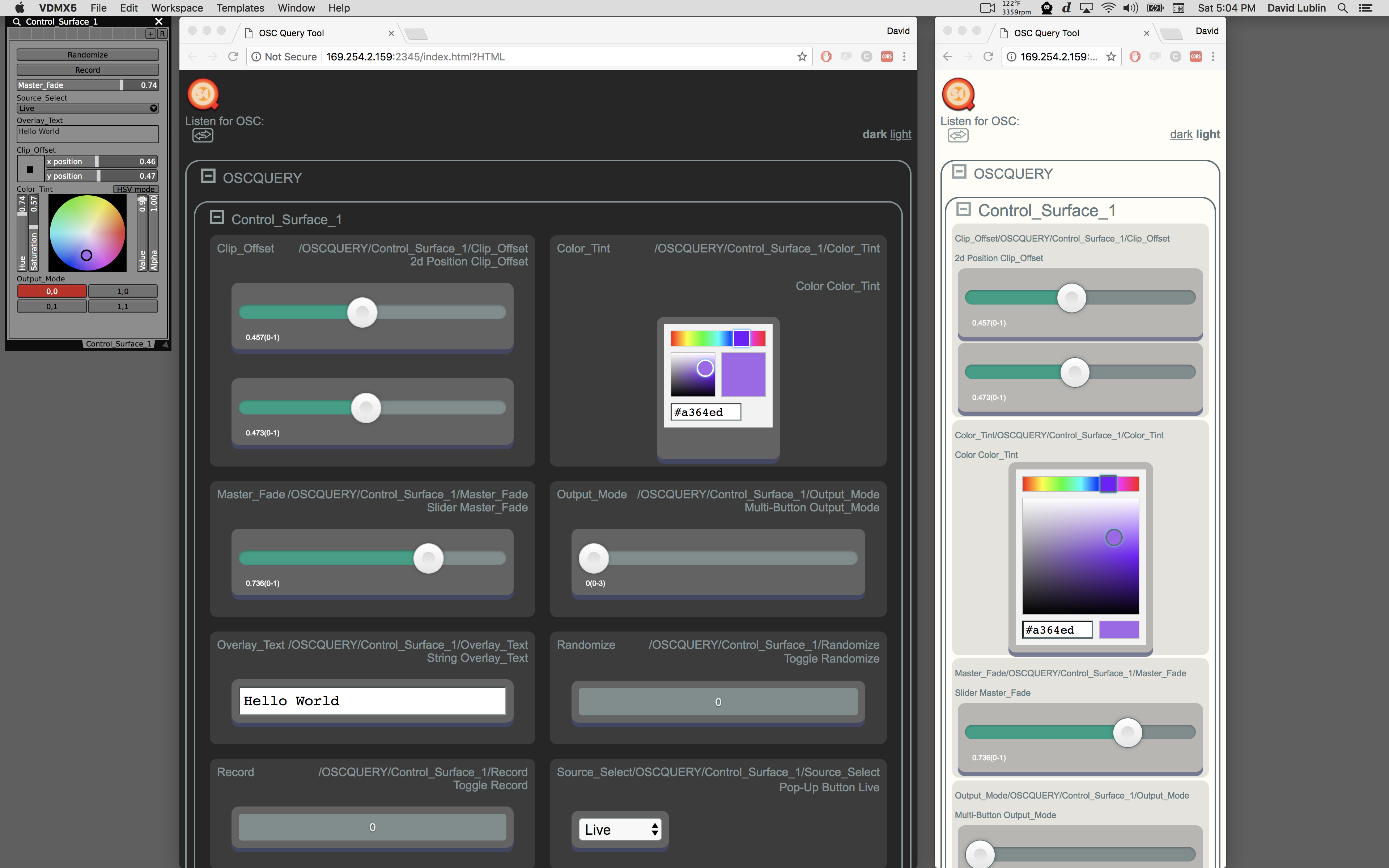 A Control Surface plugin in VDMX (top left) and the corresponding web controls in dark and light modes."