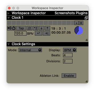 The Clock plugin along with its settings (which appear in the Workspace Inspector when you inspect a clock plugin)