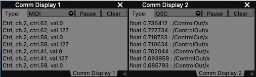 A Comm Display plugin showing received OSC data.