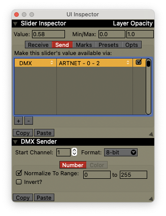 The DMX Sender Inspector, configured to output a normalized float/decimal value. The 'Color' output type is disabled.