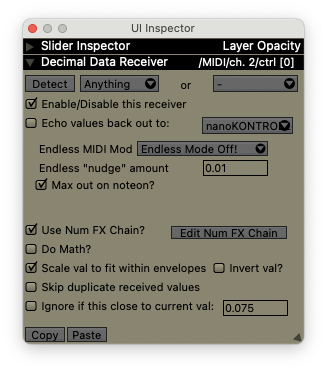 Decimal Receiver Inspector, receiving from a MIDI source.