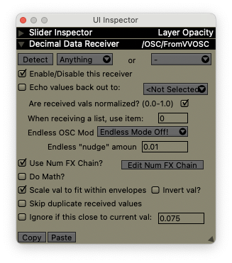 Decimal Receiver Inspector, receiving from an OSC source.