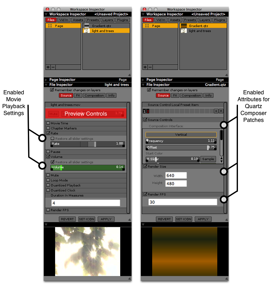 Inspecting the source options for a Quicktime Movie and a Quartz Composer patch.