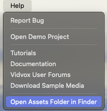 Use the Help menu to get to the VDMX Assets folder