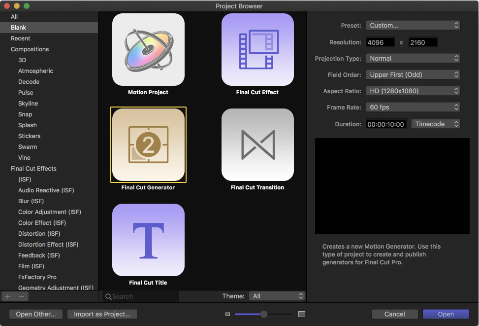 1. Choose the appropriate template type when making a new project in Motion.