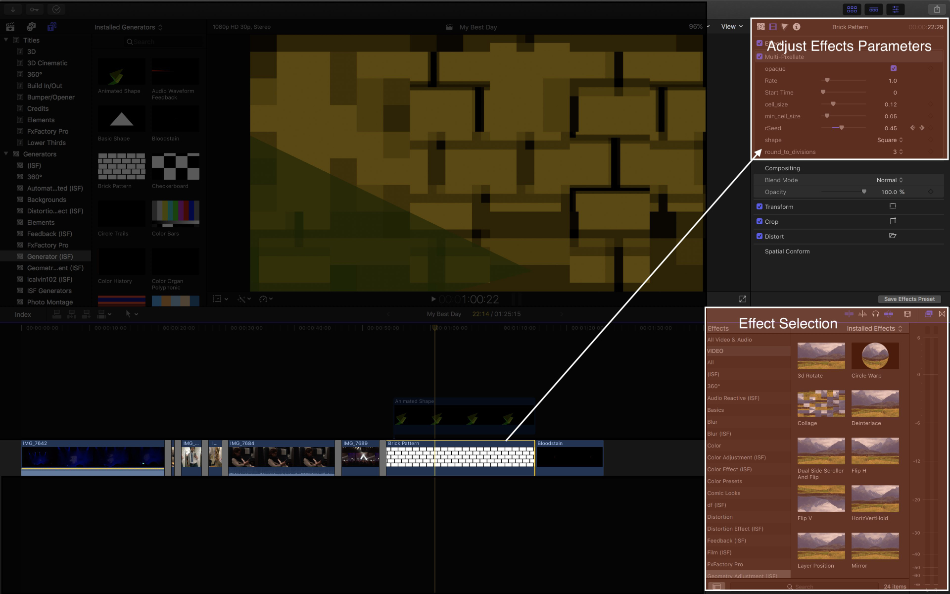 Inspecting the controls for a effect shader in FCP.