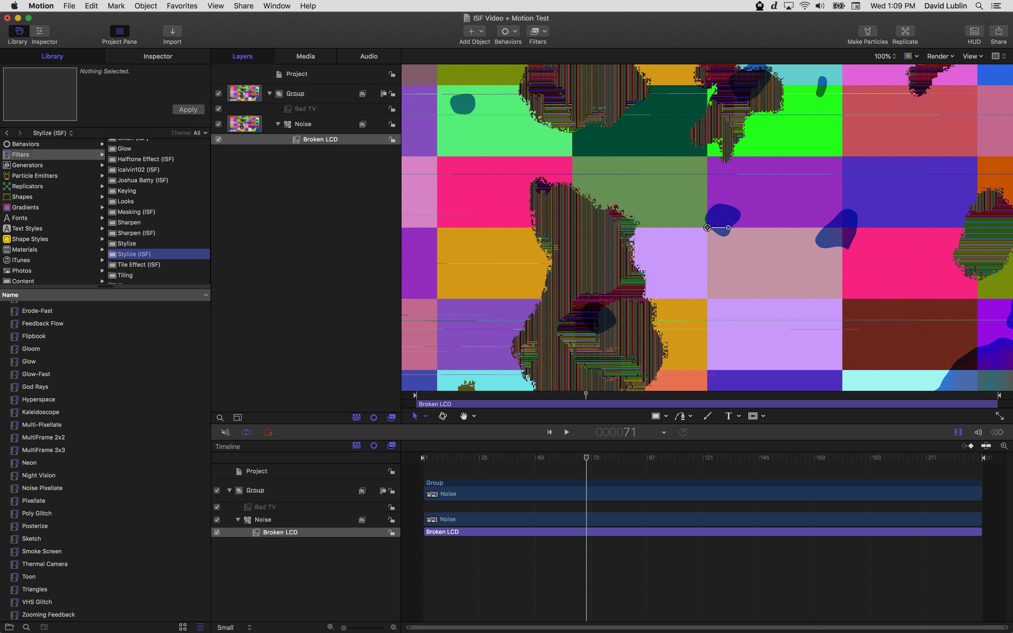 Using the “Noise” and “Broken LCD” ISF shaders in Motion.