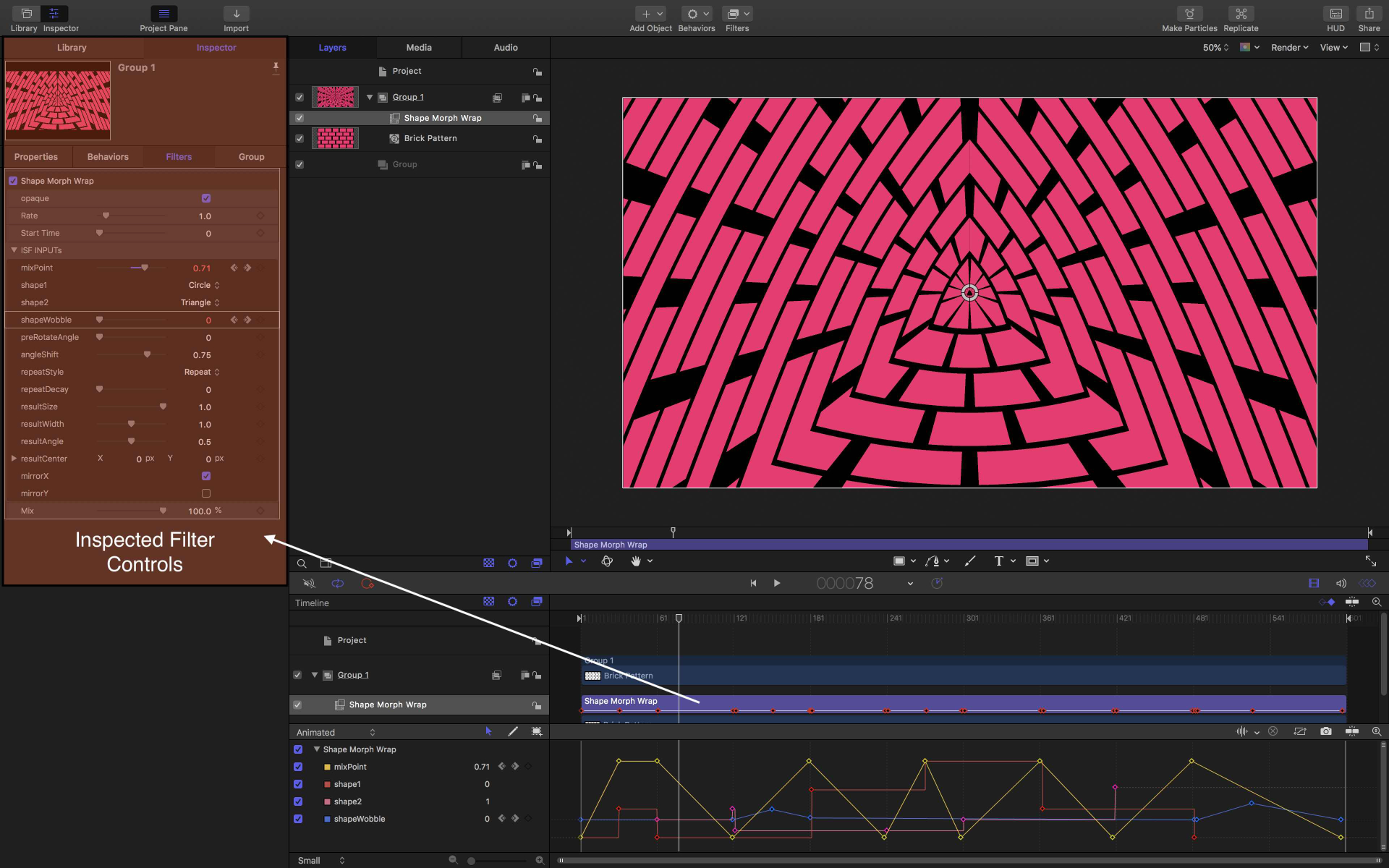 Inspecting the controls for a Shape Morph shader.