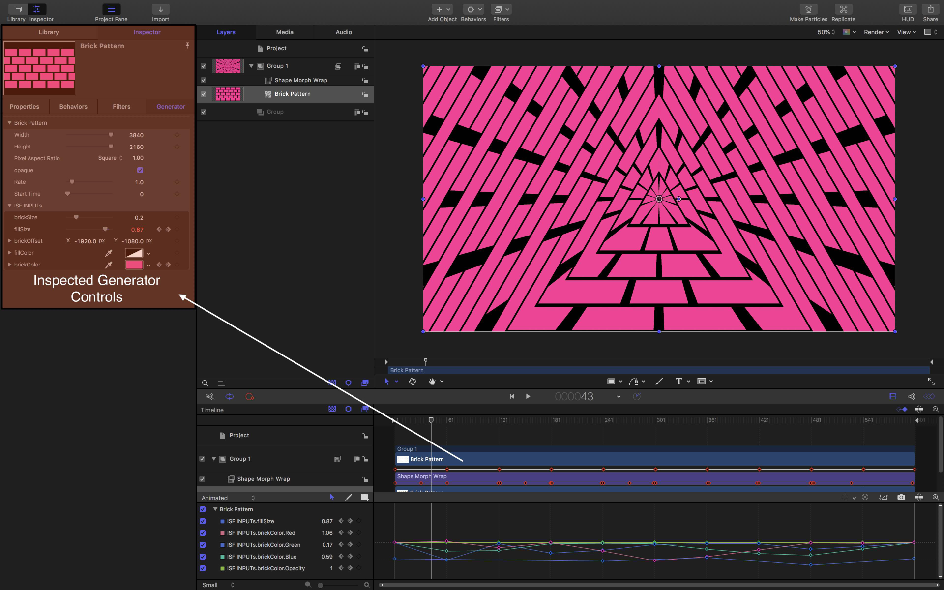 Inspecting the controls for a Brick shader.