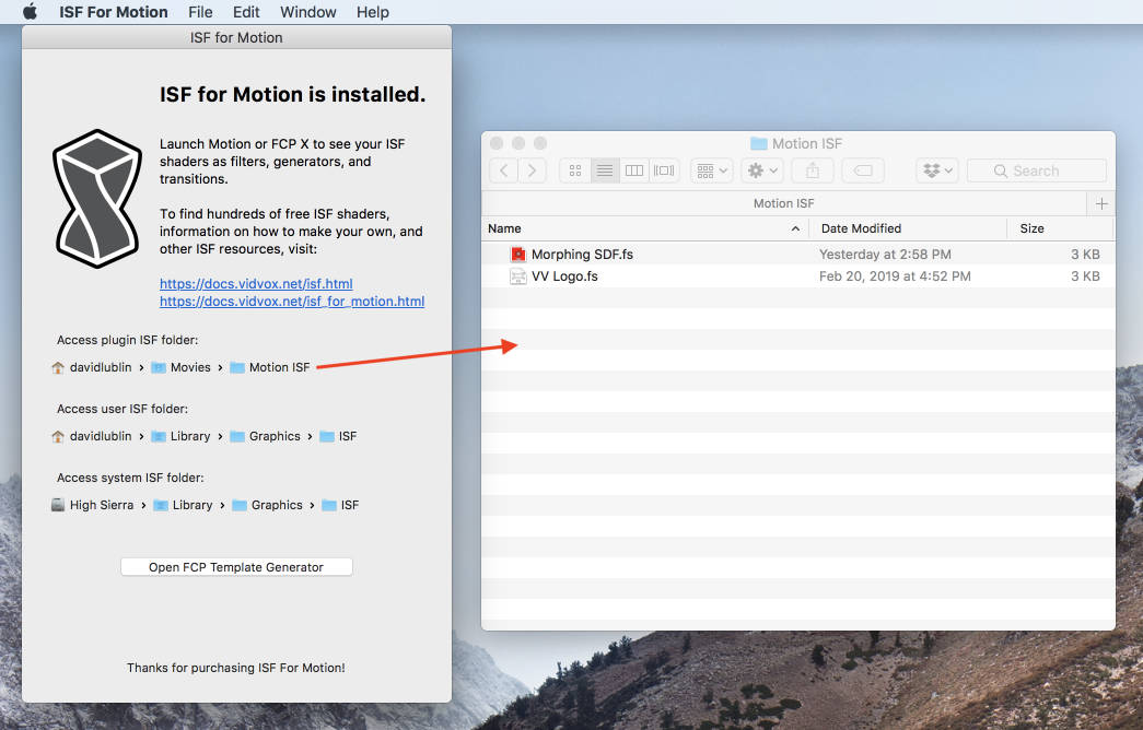 Click the links in the ISF for Motion interface to open the directories to manage installed ISF shaders.