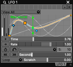 An LFO plugin with 3 waveforms, sine, cosine and a custom bezier path looping over 8 seconds.