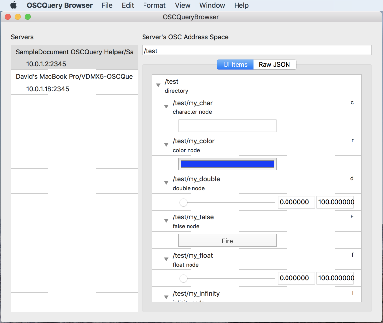 The OSCQuery Browser interface.