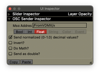 The OSC Sender Inspector, configured to output a normalized float/decimal value. The 'String' and 'Color' output types are disabled.