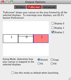 The 'Output Options' window, in 'Fullscreen' mode. Three displays are connected to this computer, and VDMX is fullscreen on display 2. The canvas/main output will be stretched to fill the display, so if the aspect ratio of the canvas differs from the aspect ratio of the display there will be distortion.