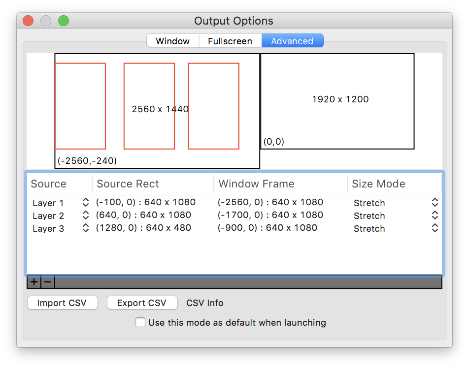 The 'Output Options' window, in 'Advanced' mode. Three output sections are displayed on a secondary monitor.