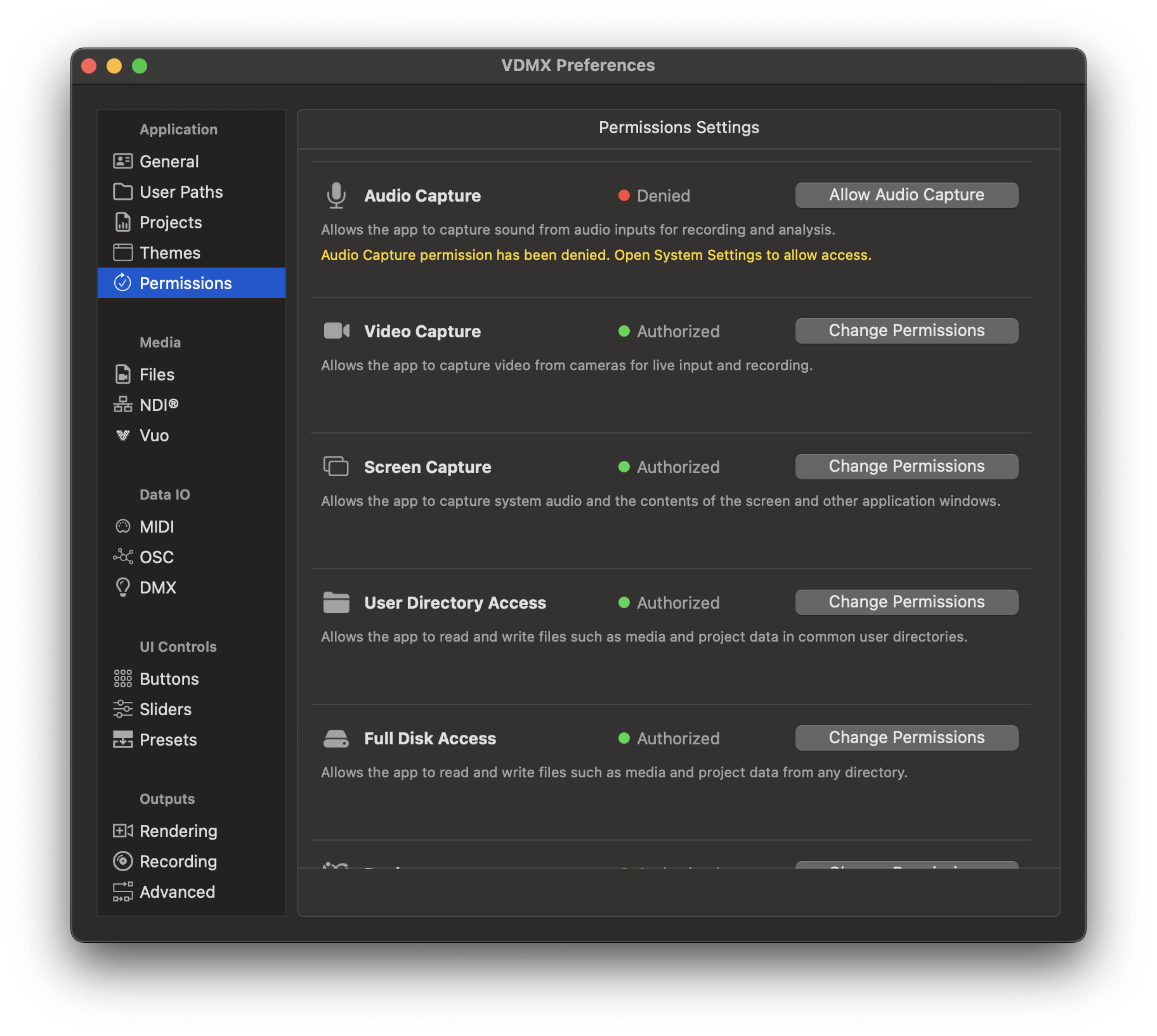VDMX Preferences / Permissions Checking