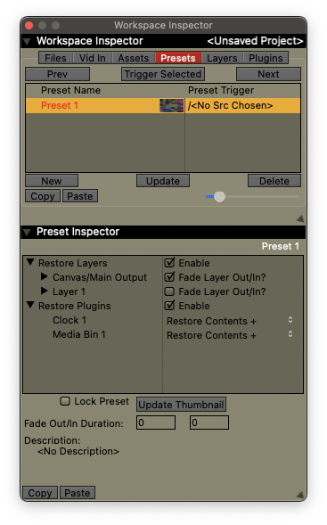 The Workspace Inspector, displaying the Presets tab. 'Preset 1' is inspected, and the Preset Inspector is visible beneath the Workspace Inspector.