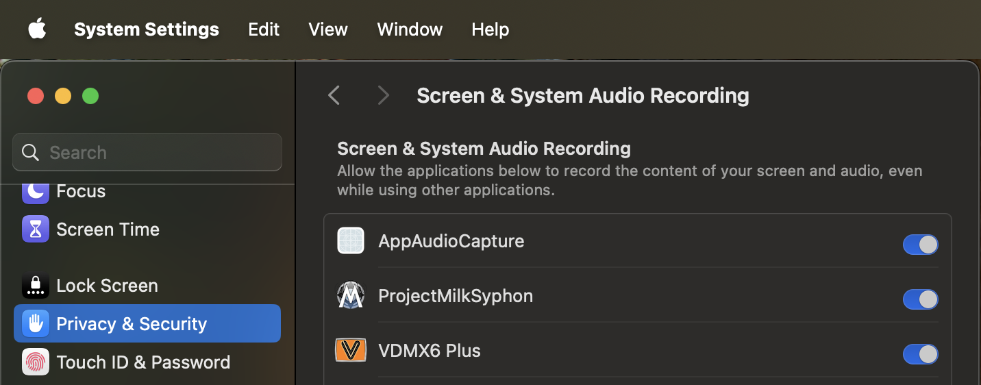 ProjectMilkSyphon permissions in System Settings