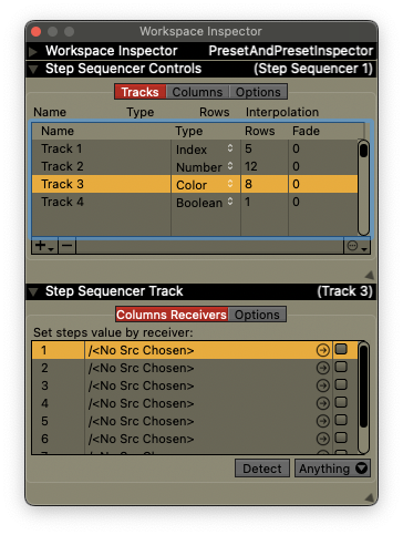 Per-Column value receiver setup in step sequencer plugin.