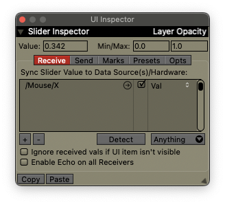 The Slider Inspector, displaying an (empty) list of receivers.