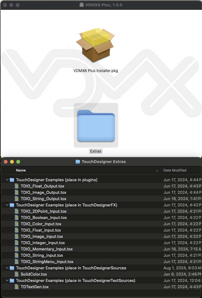 TouchDesigner examples can be found in the Extras folder on the VDMX6 Plus dmg