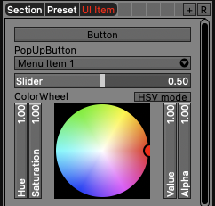 The basic UI items: a section preset UI item (at the very top), a button, a pop-up button, and a slider.