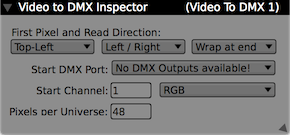 The inspector for a 'Video To DMX' plugin.