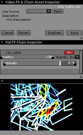 Video FX & Chain Asset Inspector, inspecting the 'City Lights.qtz' asset."