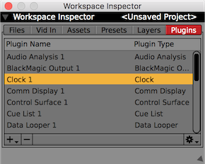 The 'Plugins' tab of the Workspace Inspector- the 'Clock 1' plugin is inspected.